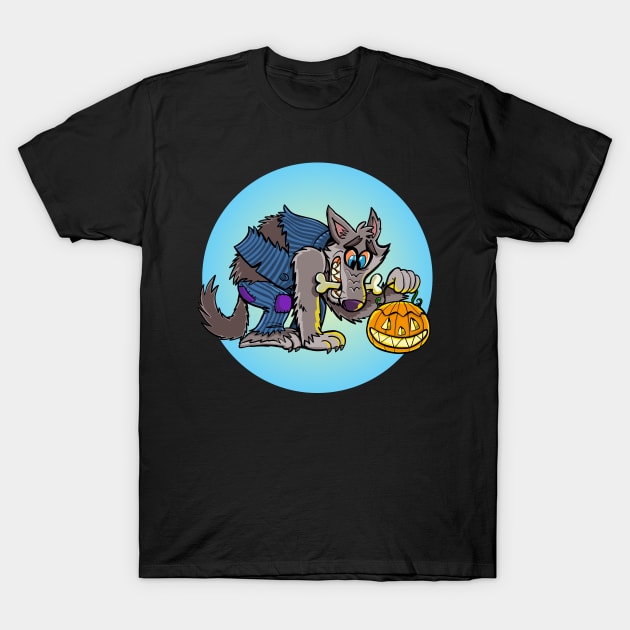 funny werewolf is holding a pumpkin lamp for Halloween T-Shirt by duxpavlic